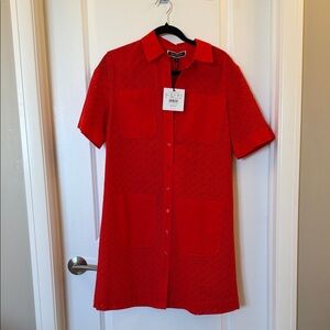 Bright Red Eyelet Shirt Dress with Patch Pockets